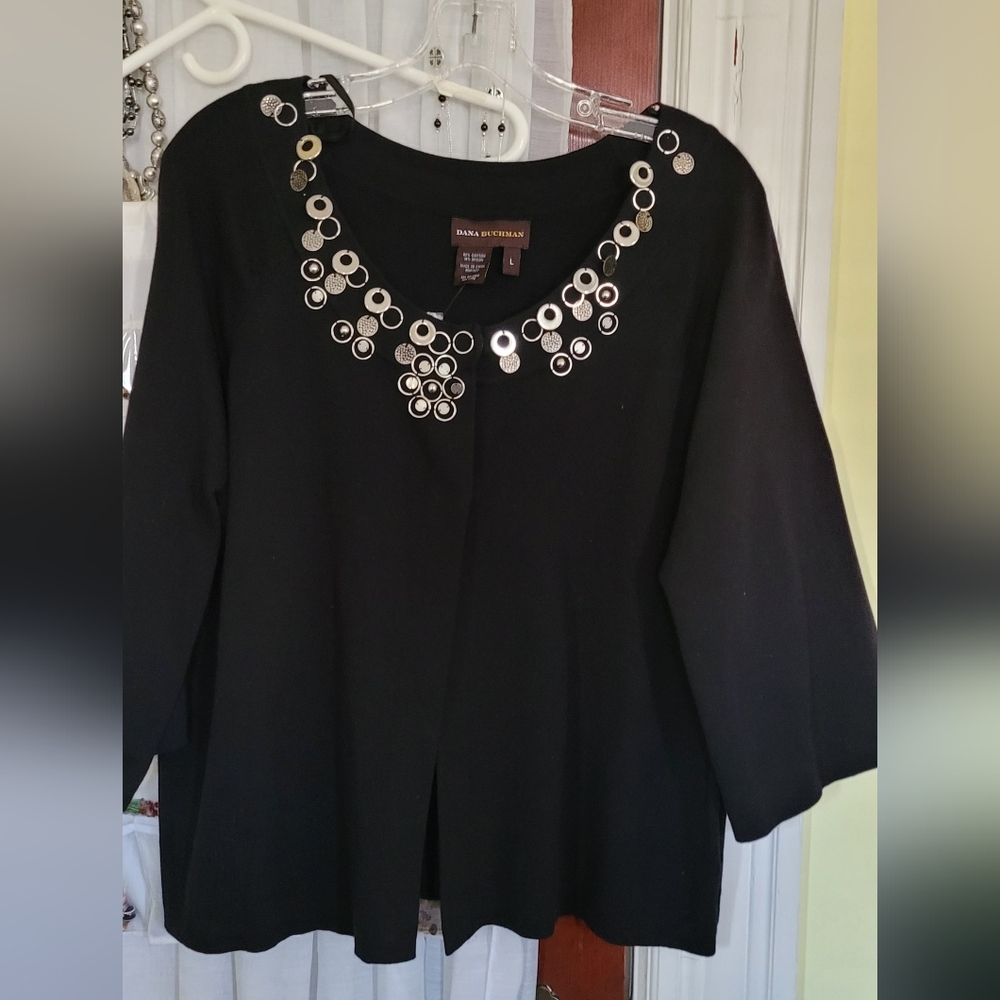 Dana Buchman Black Scoop Neck Top with Silver Embellishments